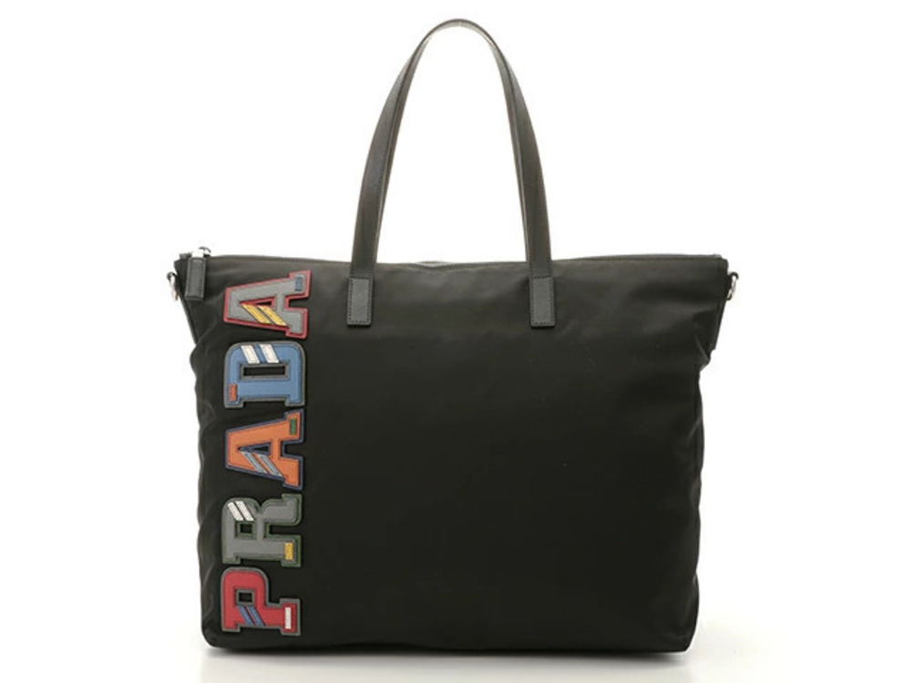 Prada Black Multicolor Logo Patches Tote Bag vertical multicolor